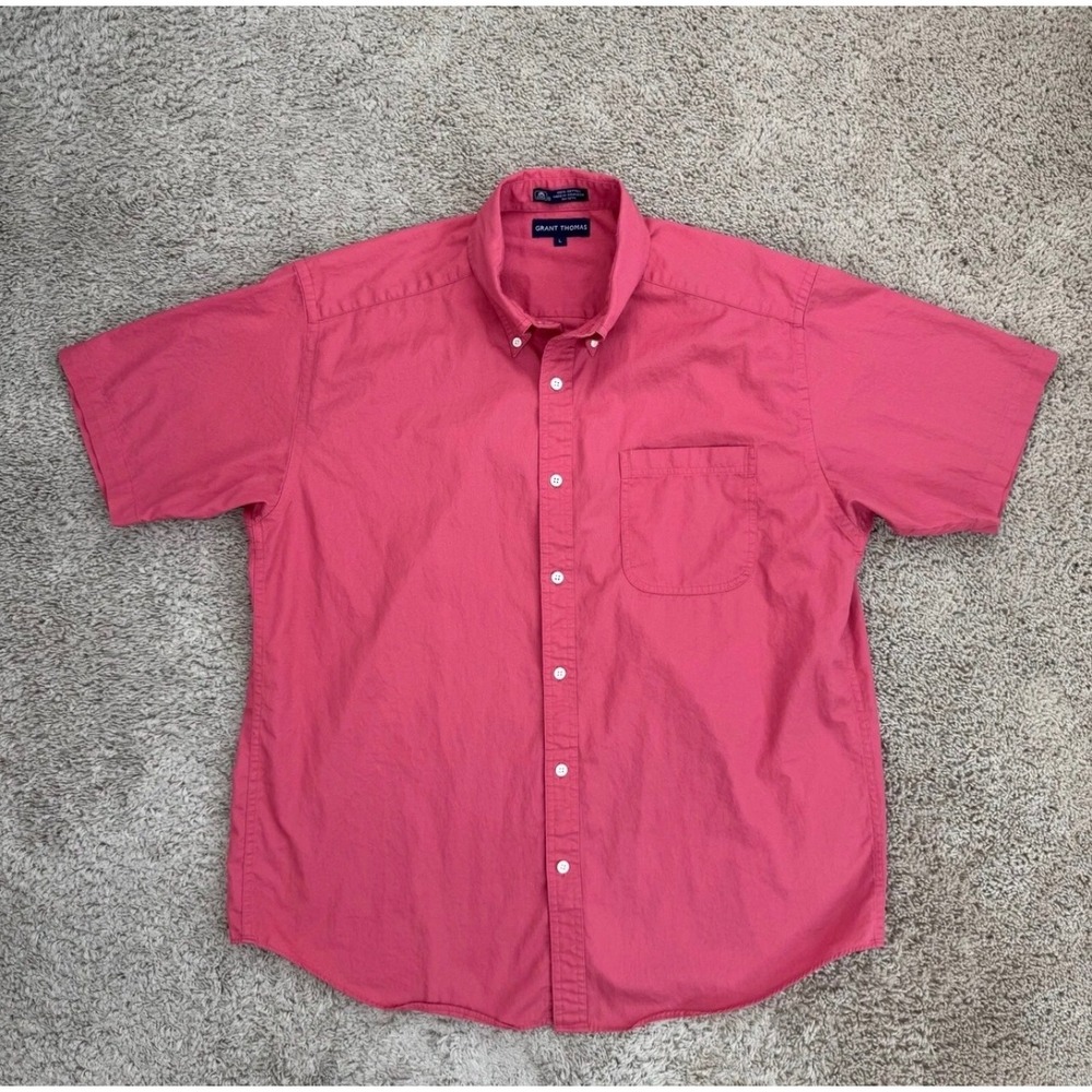 Grant Thomas Shirt Mens L Pink Coral Short Sleeve Button Down Cotton Casual Top